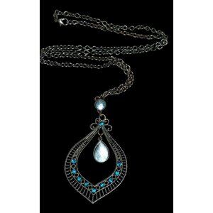 Bohemian Teardrop Blue Gemmed Silver Tone Pendant Necklace